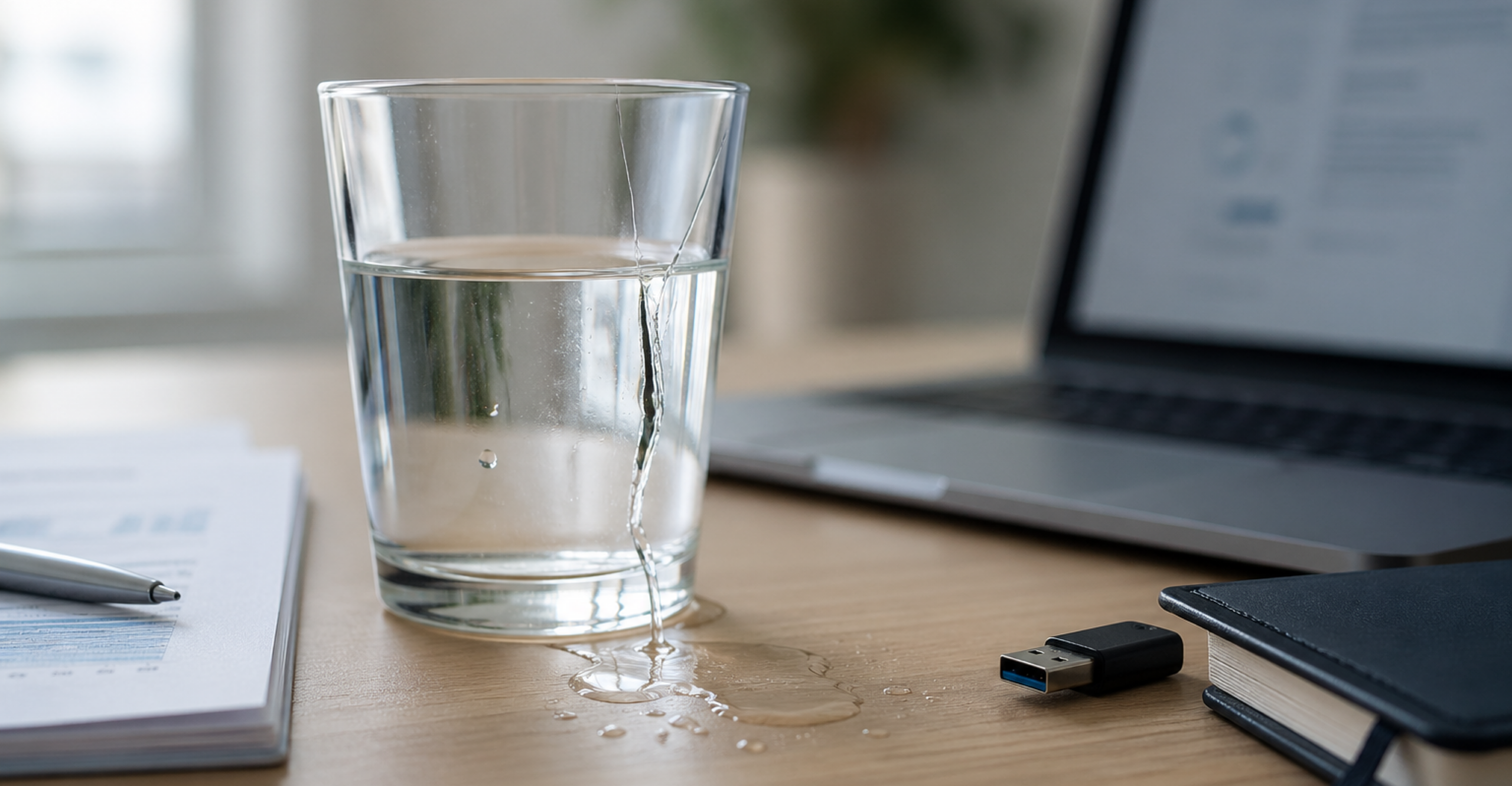 Wasserglas mit kleinem Sprung wo Wasser austritt