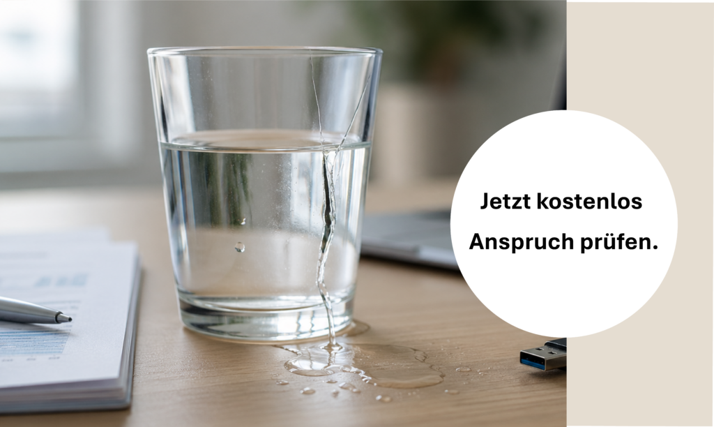 Wasserglas mit kleinem Sprung wo Wasser austritt. claim: wir prüfen kostenlos ihren anspruch